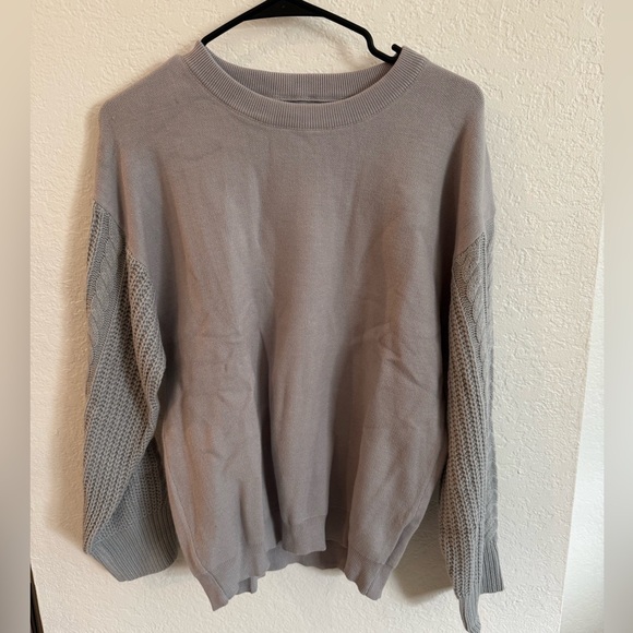 Sweaters - Gray Knit Sweater with Textured Sleeves